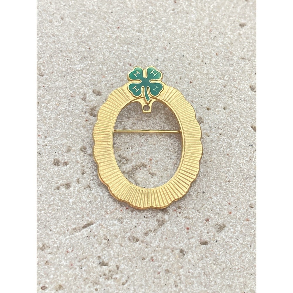 Vintage 4-H Clover Brooch Gold Tone Green Enamel B.G.W. Oval Open Center